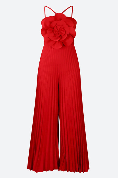 Floral Solid Color Pleated Jumpsuit