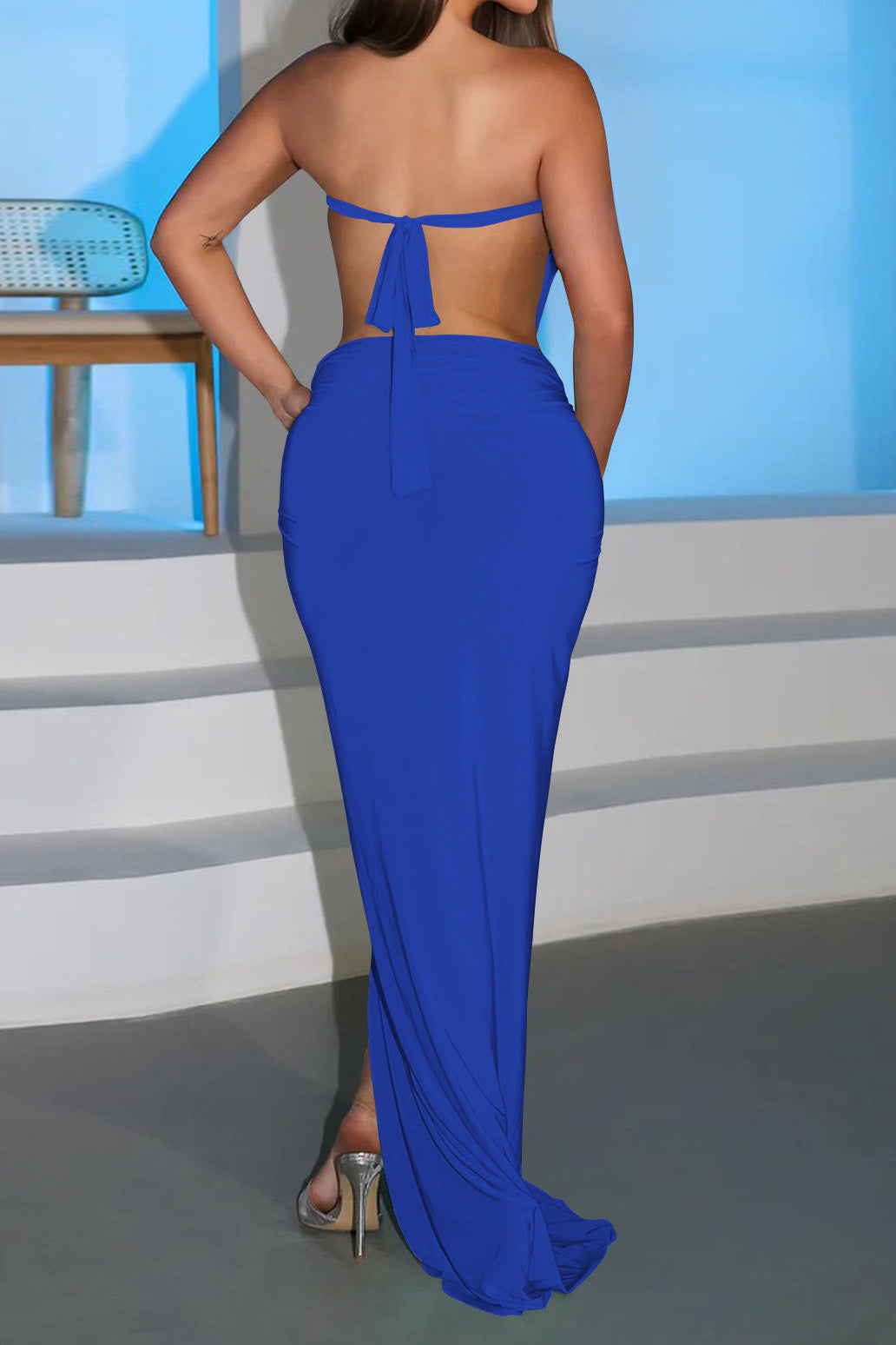 Cutout Ruched High Slit Maxi Dress