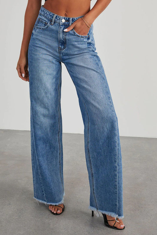 High Waisted Frayed Hem Denim Pants