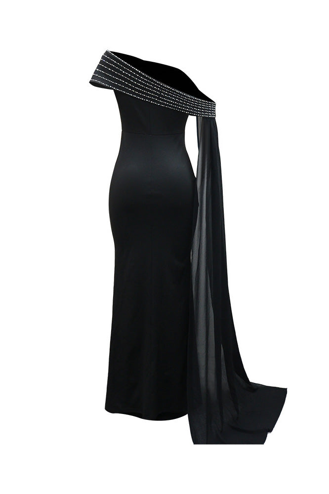Rhinestone Cape One Shoulder Maxi Dress