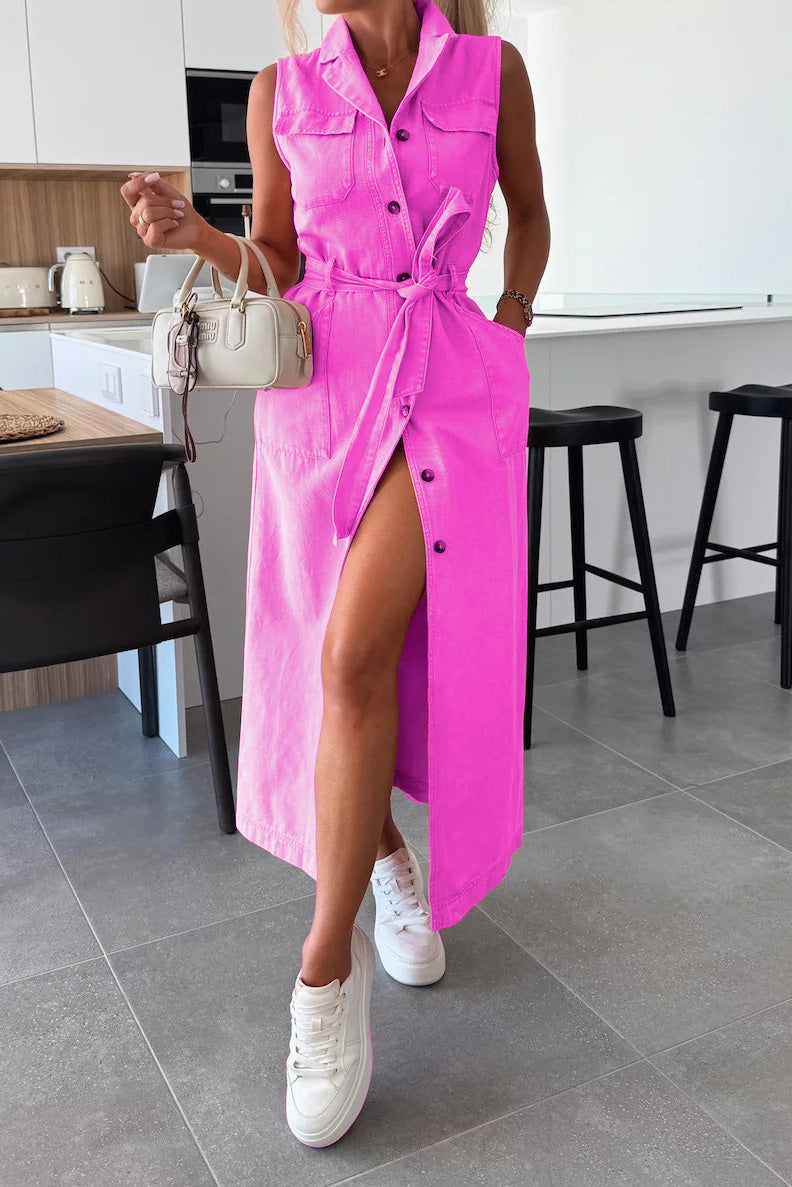 Sleeveless Belted Utility Maxi Shirt Dress