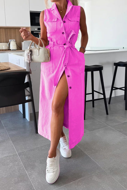 Sleeveless Belted Utility Maxi Shirt Dress