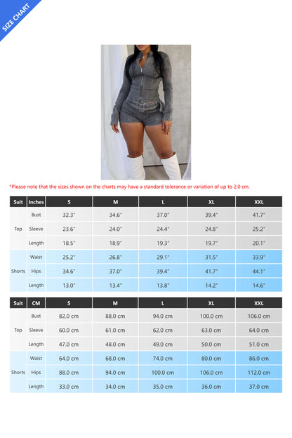 Washed Denim Zip Up Top & Shorts Sets