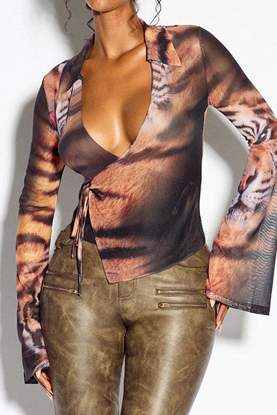 Tiger-Print Tie-Front Mesh Shirt