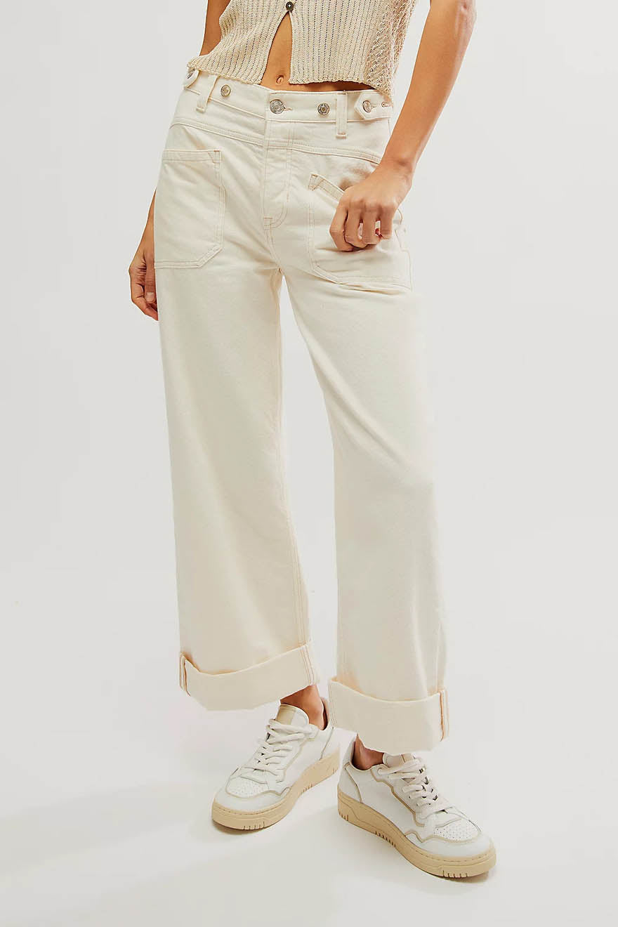 Washed Wide Leg Cuffed Jeans