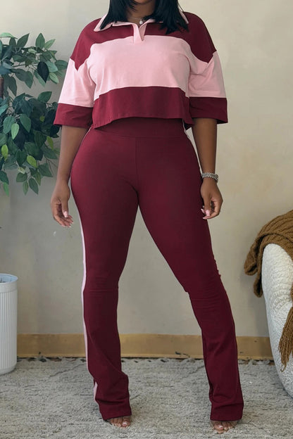 Collared Top & Flare Pants Two-Piece Set