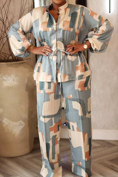 Printed Stand Collar Drawstring Waist 2-Piece Set
