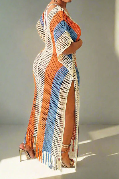 Colorblock V Neck Short Sleeve Split Cover Up