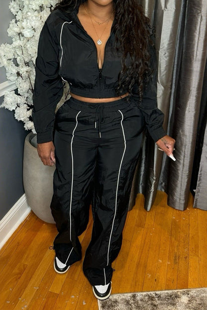 Zip-Front Piped Top & Wide-Leg Pants Set