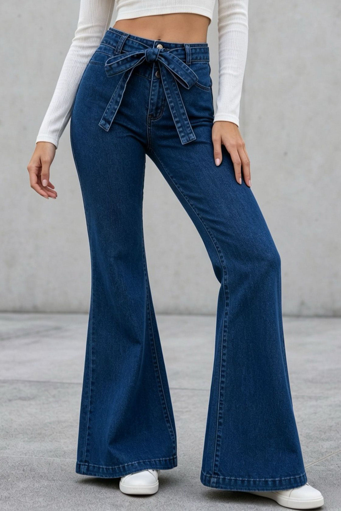 Medium Stretch High Rise Tie Belt Flare Jeans