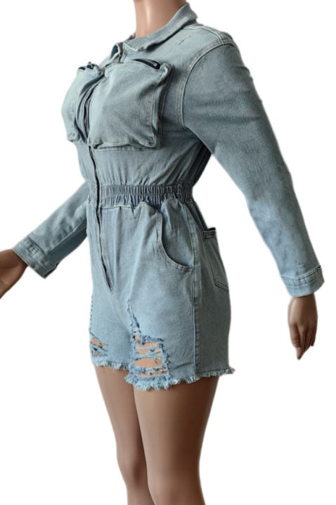 Long Sleeve Stretchy Washed Denim Romper