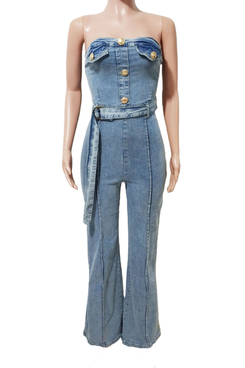 Strapless Slim Fit Washed Denim Jumpsuit