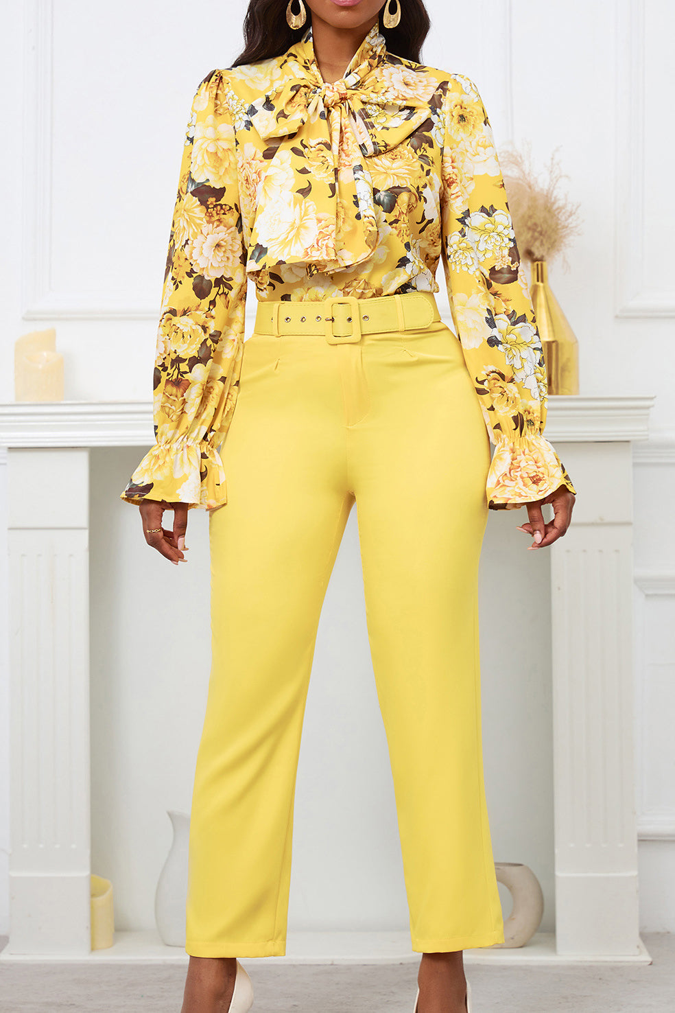 Floral Printing Blouse Solid Color Pants Set