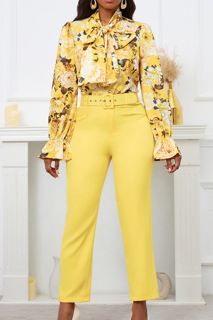 Floral Printing Blouse Solid Color Pants Set