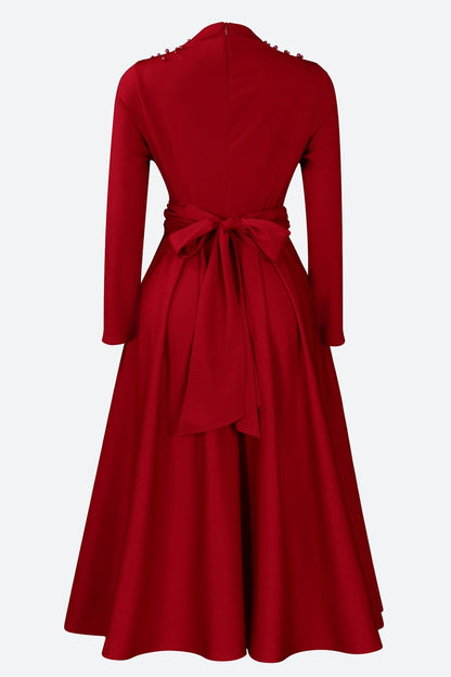 High Collar Elegant Beaded Large Swing Dress