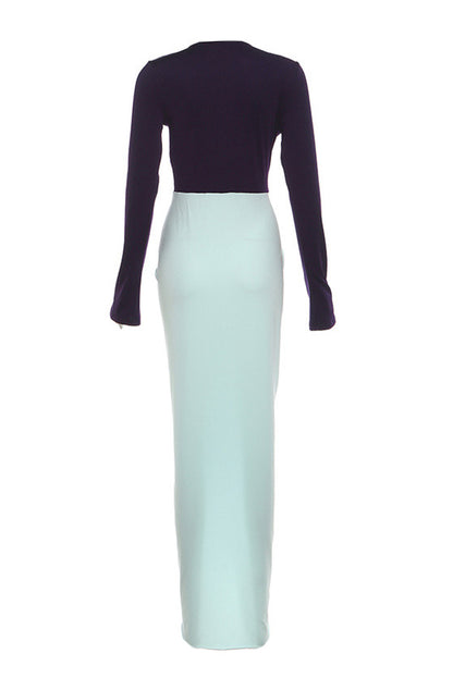 Deep V Neck Long Sleeve Slit Maxi Dress