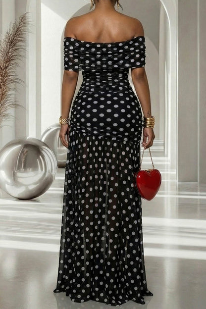 Polka Dot Off-Shoulder Slit Maxi Dress