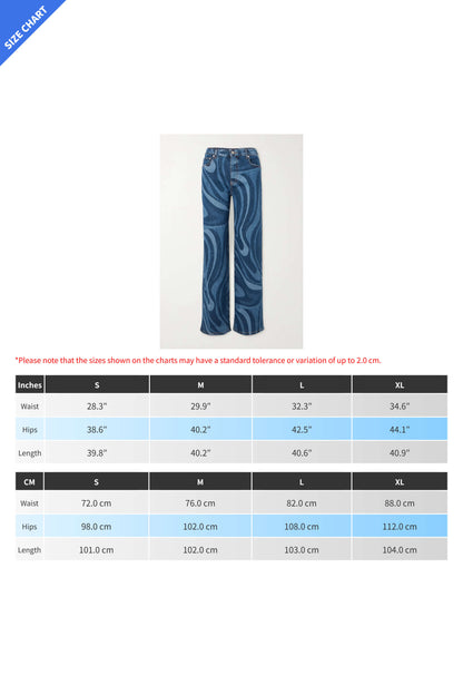 Wave Print Straight Leg Denim Jeans