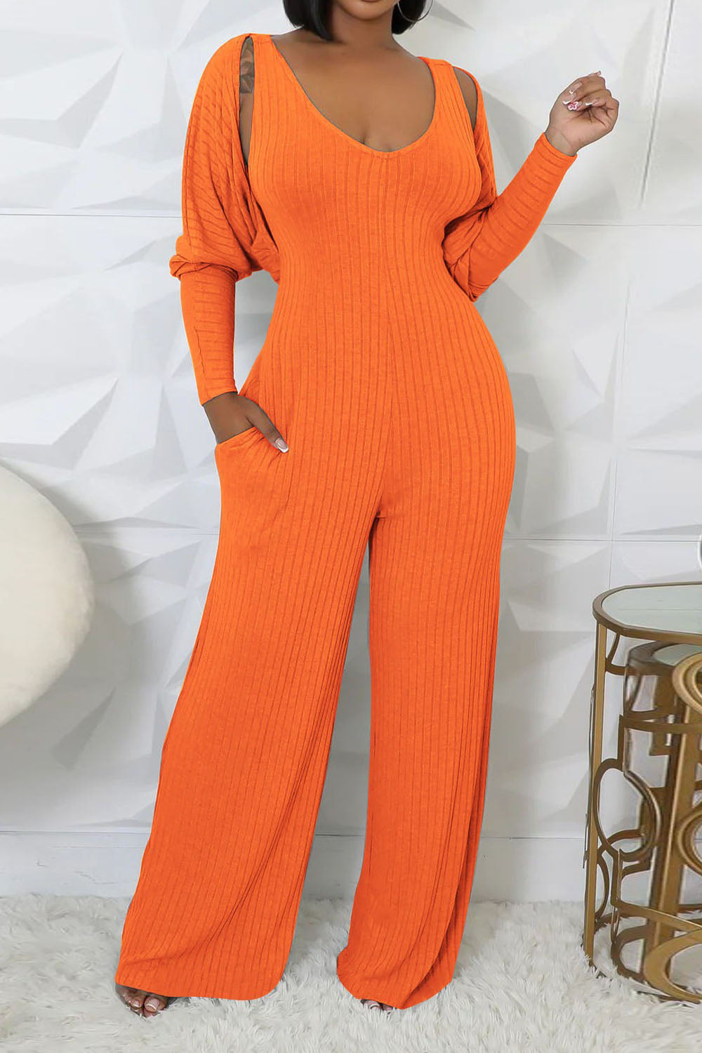 2-Piece Ribbed Knit Tank Jumpsuit & Cropped Top Set