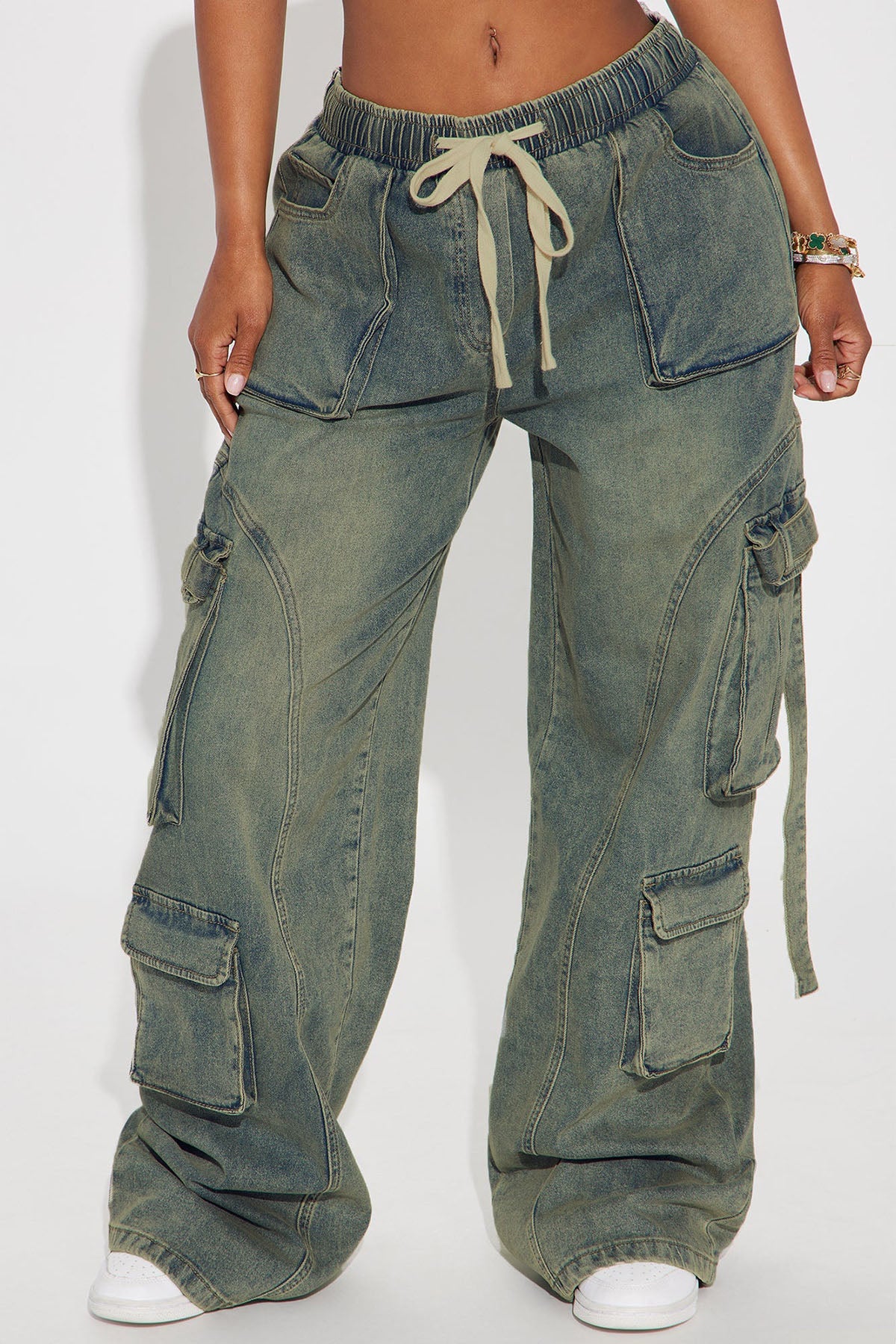 Drawstring Waist Washed Wide Leg Jeans