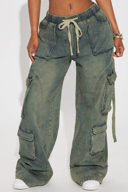 Drawstring Waist Washed Wide Leg Jeans