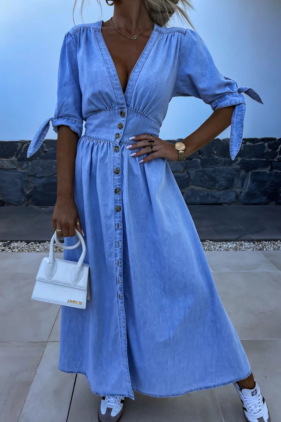 Single-Breasted V-Neck Denim Dress