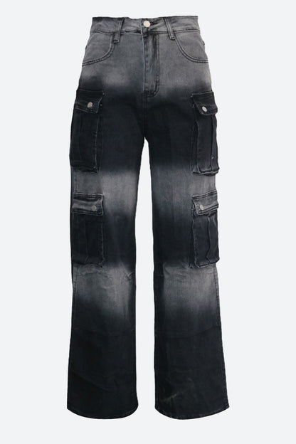 Casual Multi-Pocket Ombre Wide-Leg Jeans
