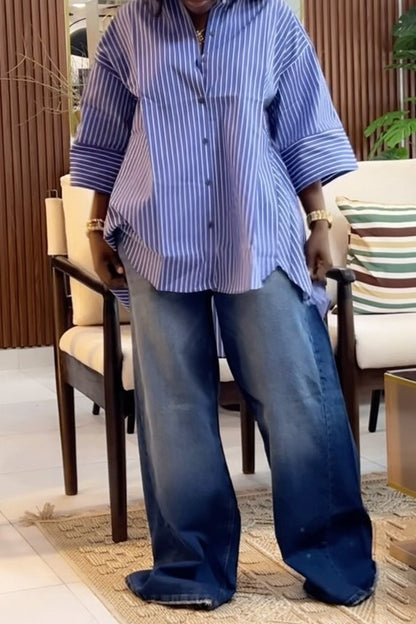 Blue Striped Loose Fit Long Sleeve Shirt