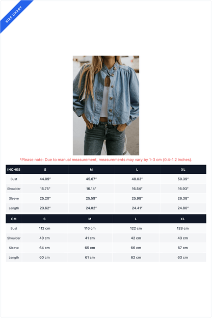 Puff-Sleeve Stand-Collar Denim Jacket