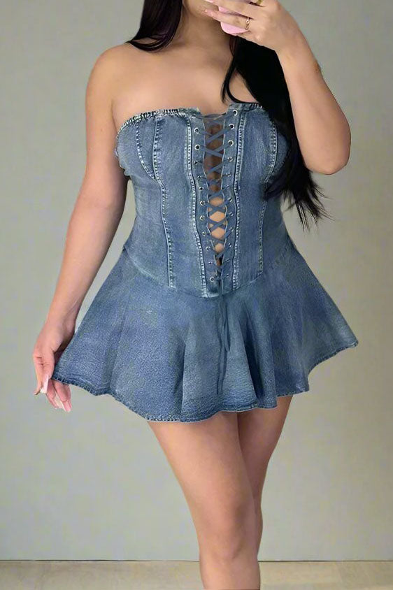 Sweet Denim Corset Flare Mini Dress