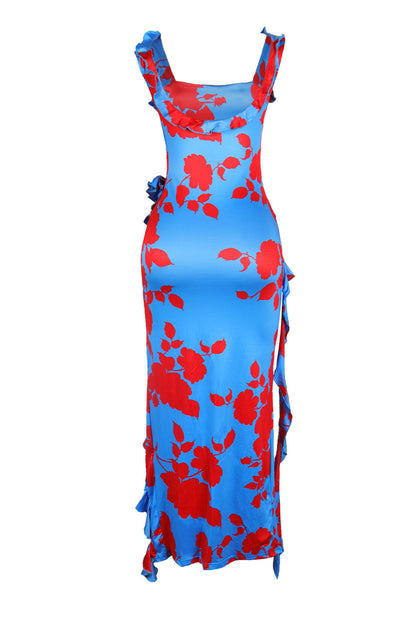 Long Strapless Dress With Slits and Tropical Print