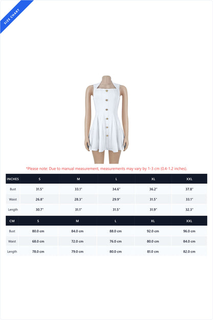 Square Neck Button Front Pleated Mini Dress