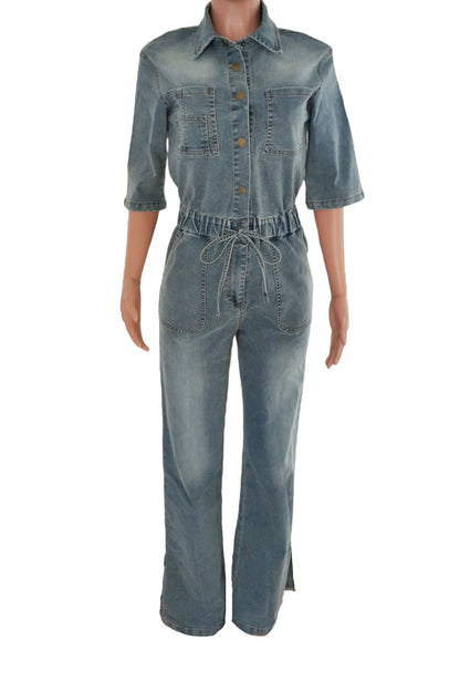 Stretch Denim Jumpsuit with Split Flare Legs