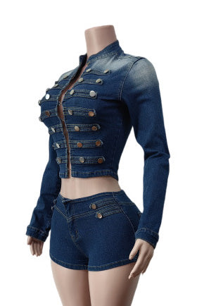 Military Denim Jacket & Shorts Set