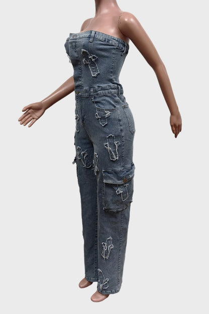 One Piece Denim Cargo Jumpsuit