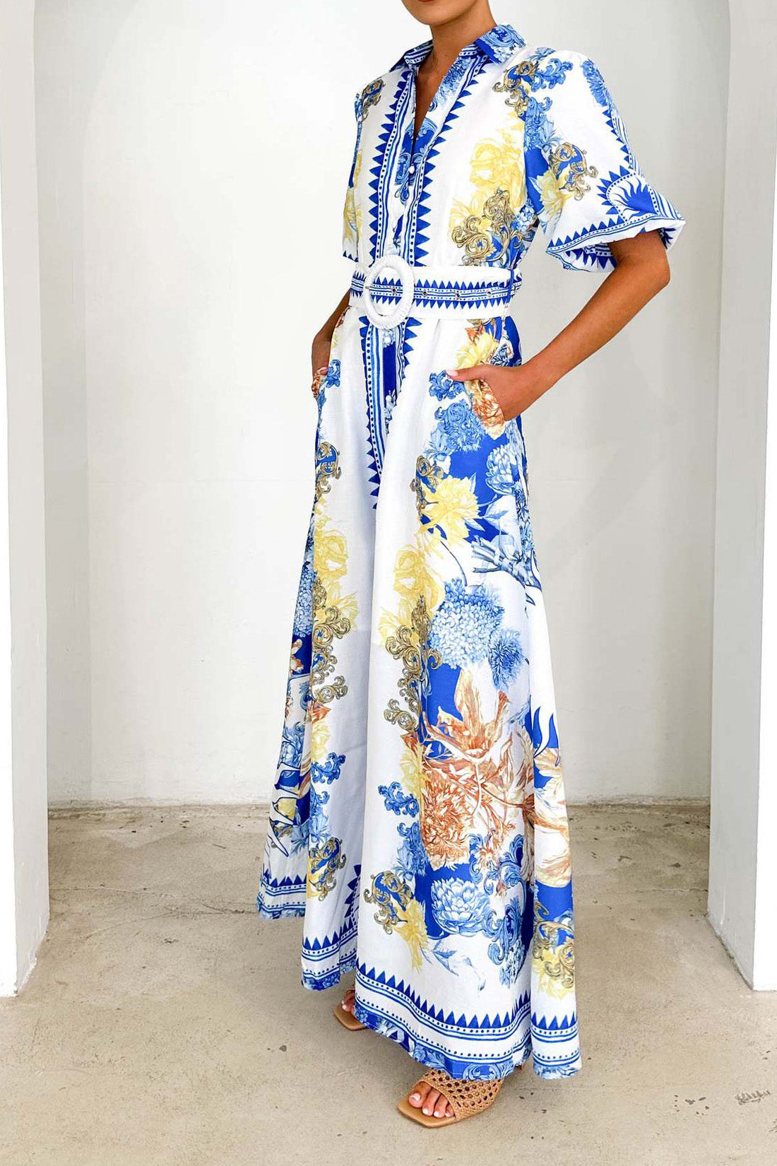 Printed Turn-Down Collar Maxi Dress