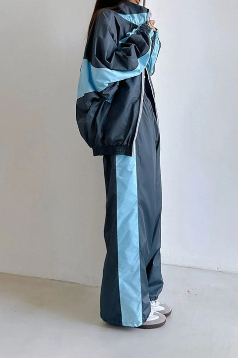 Contrast-Panel Zip Jacket & Wide-Leg Pants Set