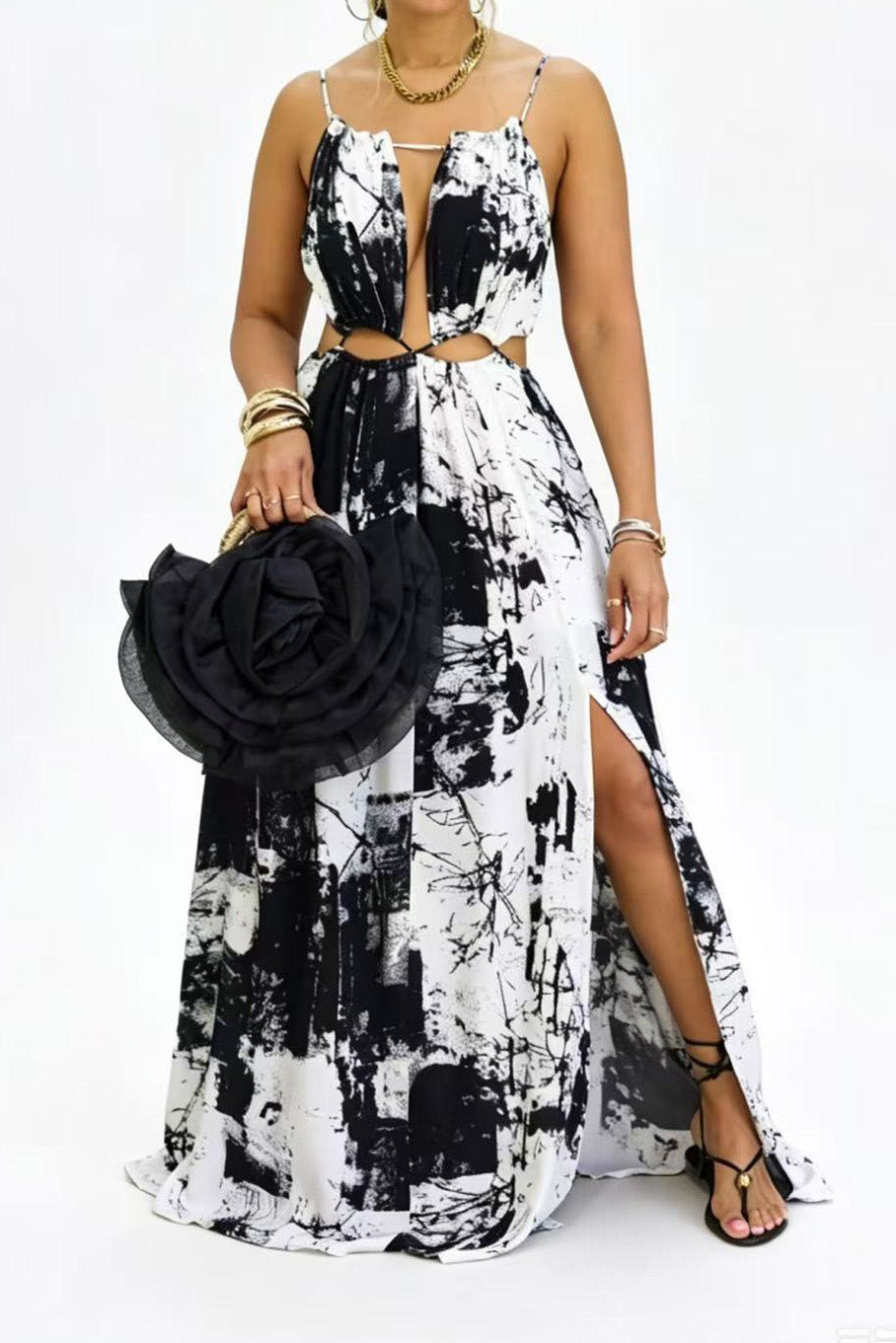 Abstract Print Cutout Slit Maxi Dress