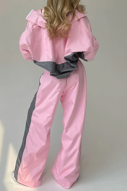 Contrast-Panel Zip Jacket & Wide-Leg Pants Set