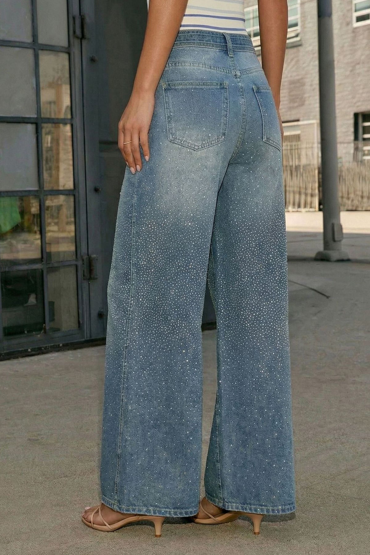 Rhinestone Sparkle Wide Leg Jeans High Waisted