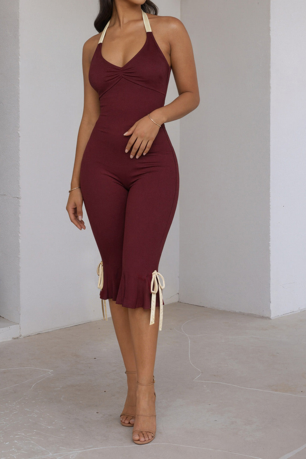 Contrast Halter Ruffle Hem Jumpsuit