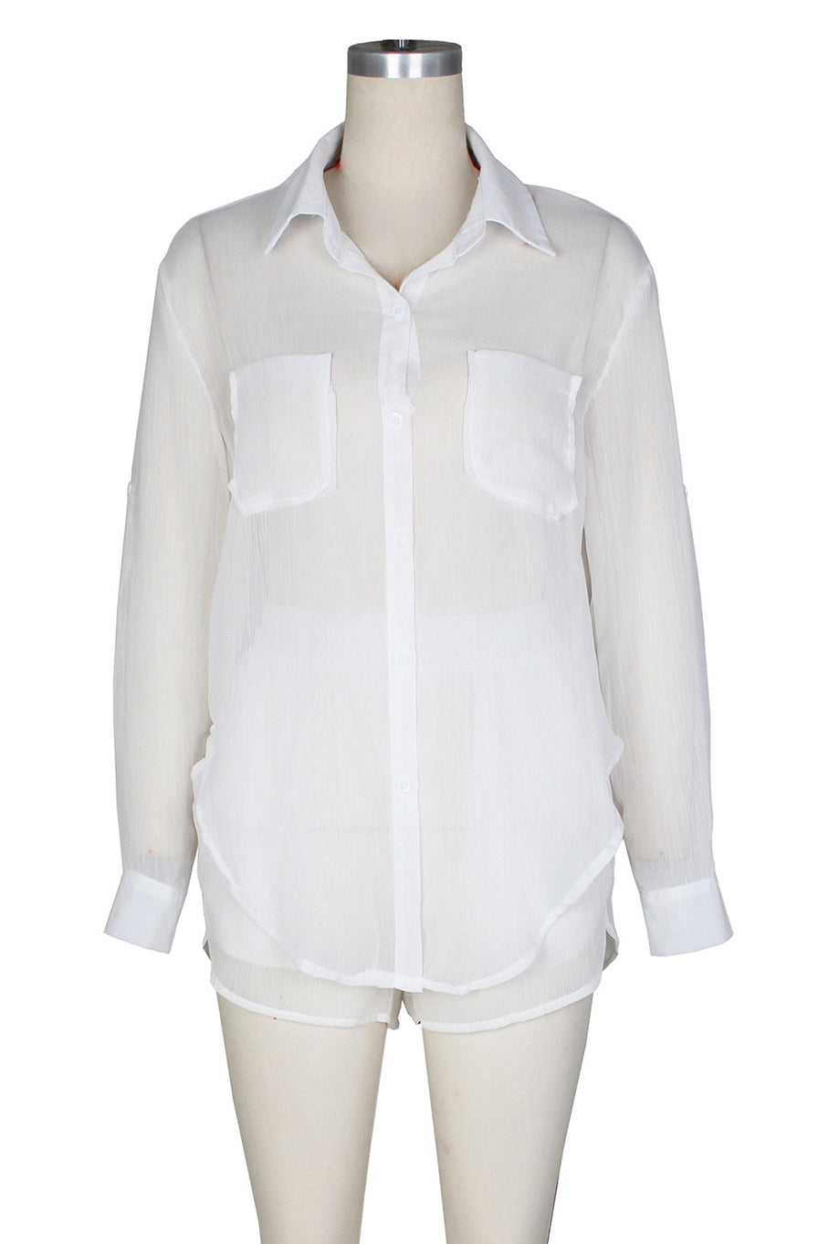Sheer Long Sleeves Top Shorts Set