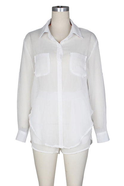 Sheer Long Sleeves Top Shorts Set