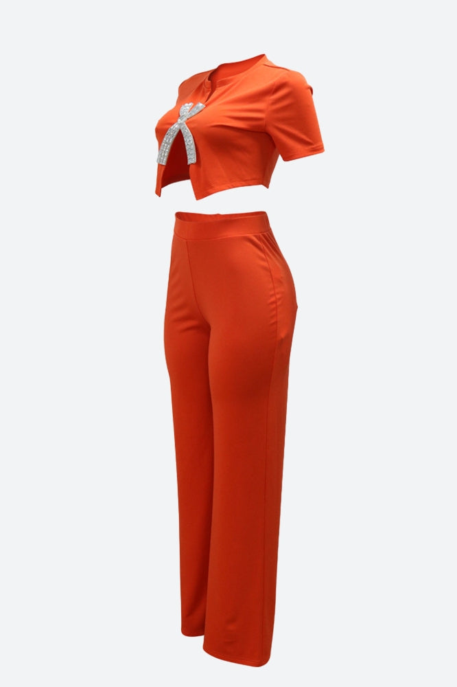 Short Sleeve Cropped Top Pants Set