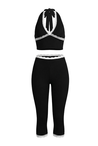 Lace Trim Ribbed Capri Set