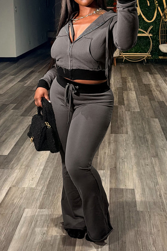 Contrast-Trim Zip Hoodie & Flare Pants Set