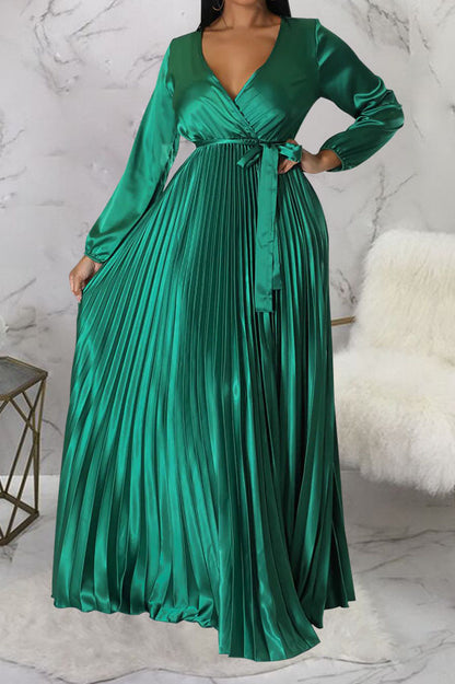 Faux Silk Pleated Tie-Waist Maxi Dress
