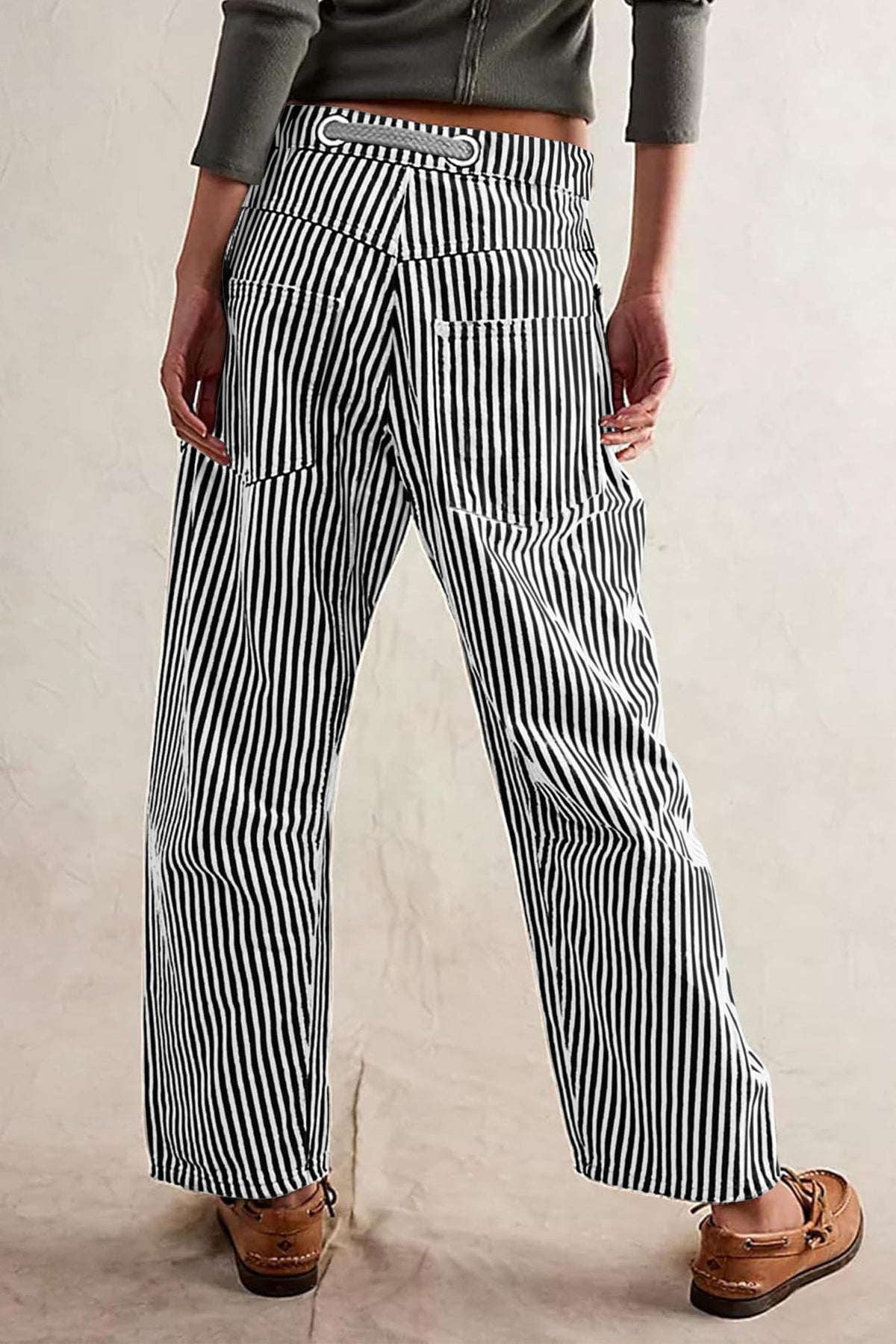 Loose Casual Striped Wide Leg Drawstring Trousers