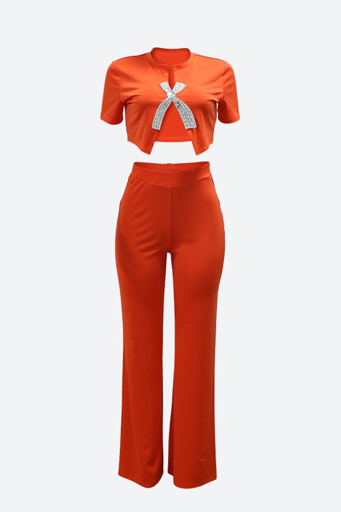Short Sleeve Cropped Top Pants Set