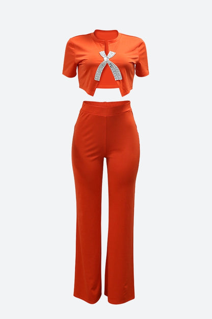 Short Sleeve Cropped Top Pants Set